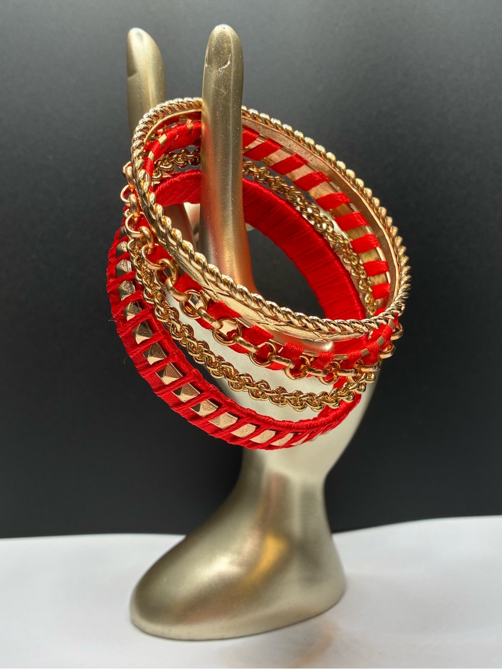 Vintage Red Silk Wrapped & Gold Mix Of Bangle Bracelet - Women Jewelry